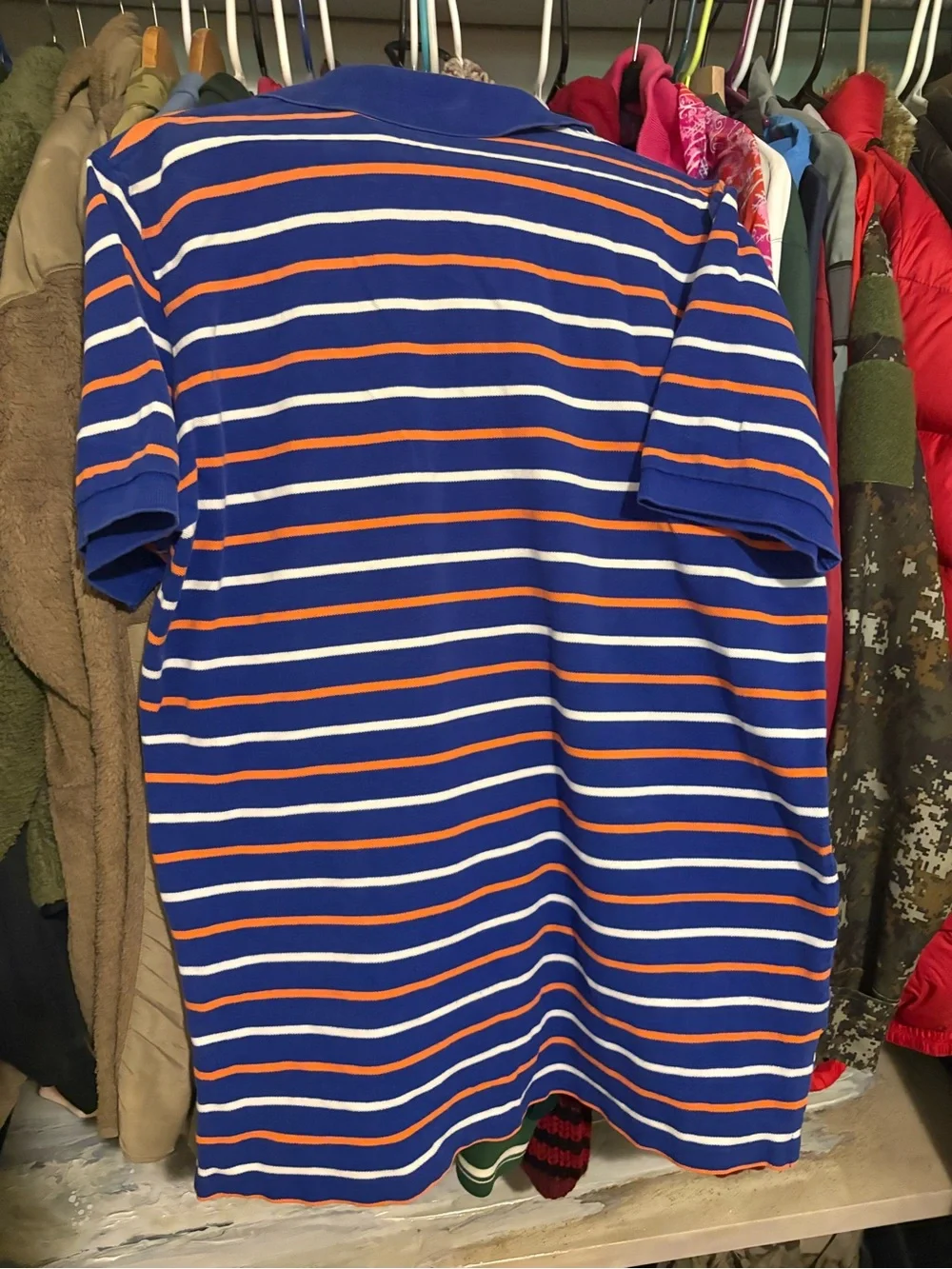 Men’s Ralph Lauren Blue Polo with Orange and White Stripes and Green Pony Logo